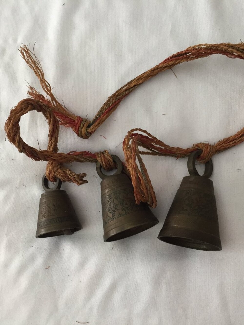 VTG Strand Of 3 Etched Brass Bells on Rope String Store Door Alarm NICE SOUND
